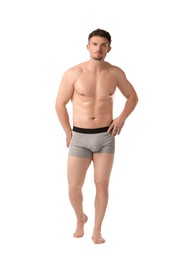 Photo of Young man in stylish light grey underwear on white background