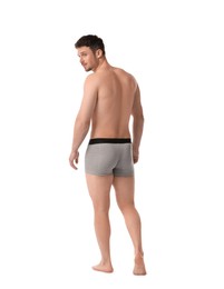 Photo of Young man in stylish light grey underwear on white background, back view