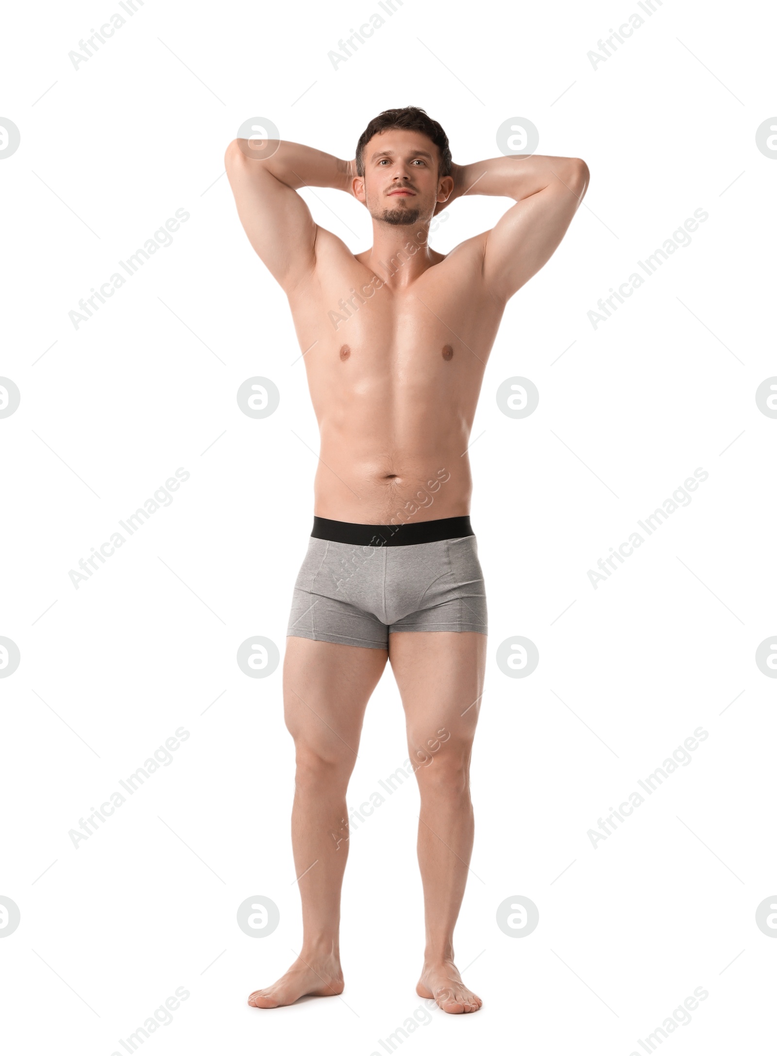 Young man in stylish light grey underwear on white background Photo of Young man in stylish light grey underwear on white background