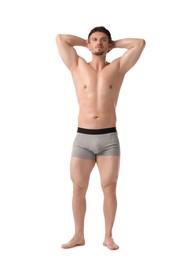 Photo of Young man in stylish light grey underwear on white background