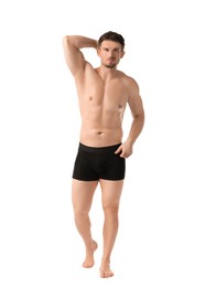 Photo of Young man in stylish black underwear on white background