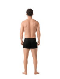 Photo of Young man in stylish black underwear on white background, back view