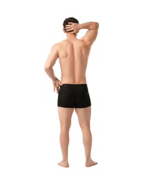 Photo of Young man in stylish black underwear on white background, back view