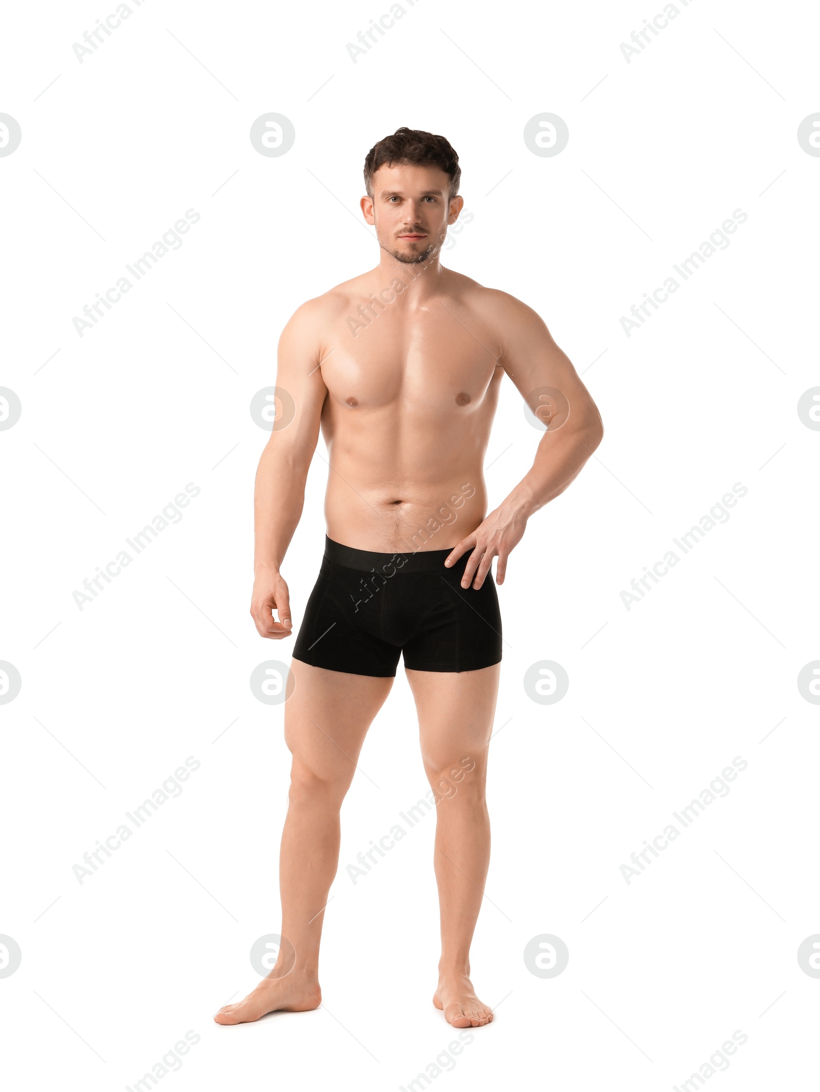 Young man in stylish black underwear on white background Photo of Young man in stylish black underwear on white background