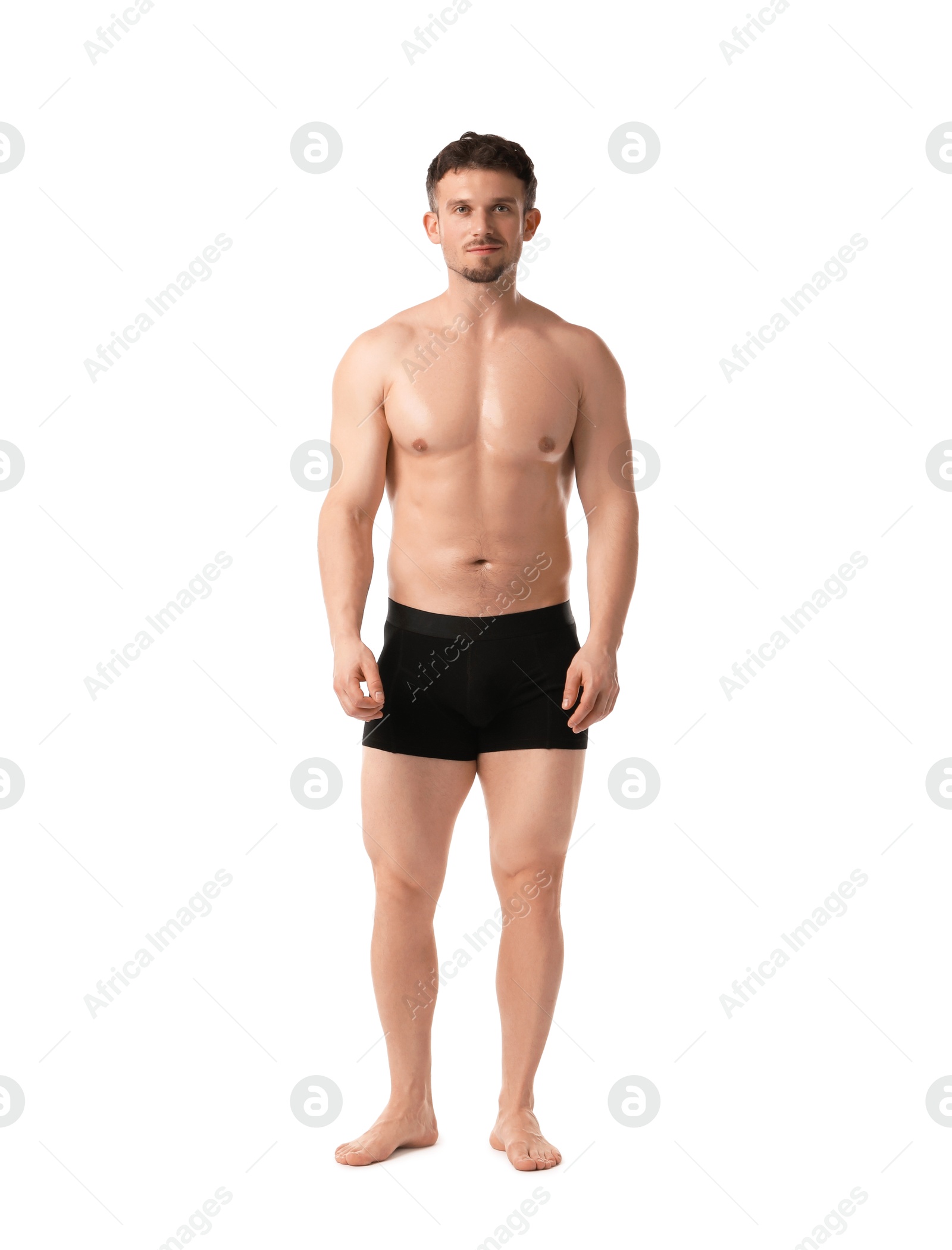 Young man in stylish black underwear on white background Photo of Young man in stylish black underwear on white background