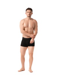 Photo of Young man in stylish black underwear on white background