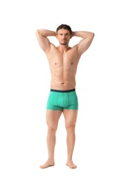 Photo of Young man in stylish turquoise underwear on white background