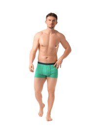 Photo of Young man in stylish turquoise underwear on white background