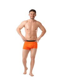 Photo of Young man in stylish orange underwear on white background