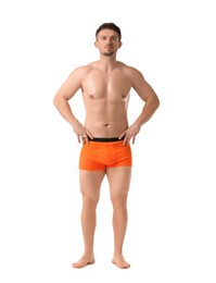 Photo of Young man in stylish orange underwear on white background