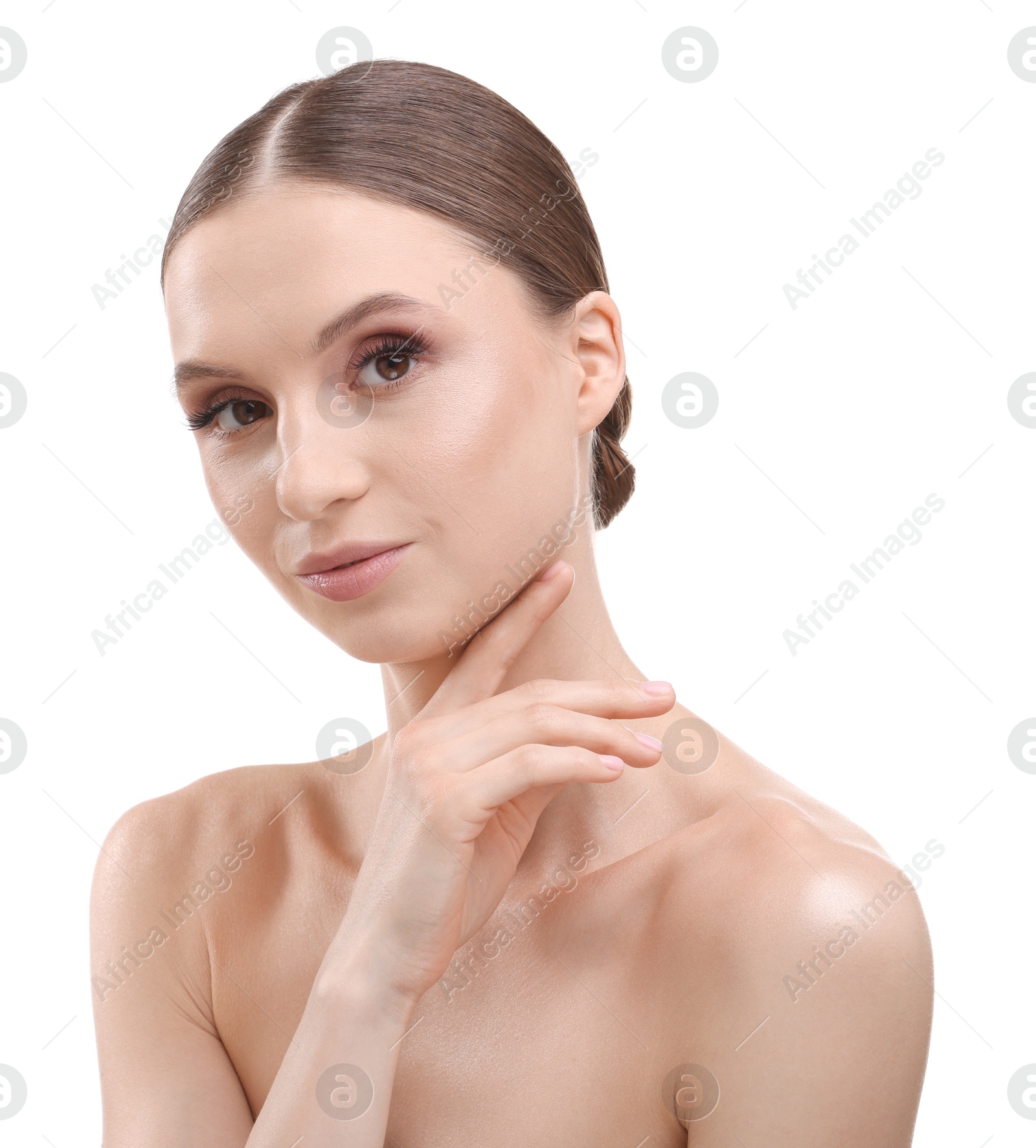 Portrait of beautiful young woman on white background Photo of Portrait of beautiful young woman on white background