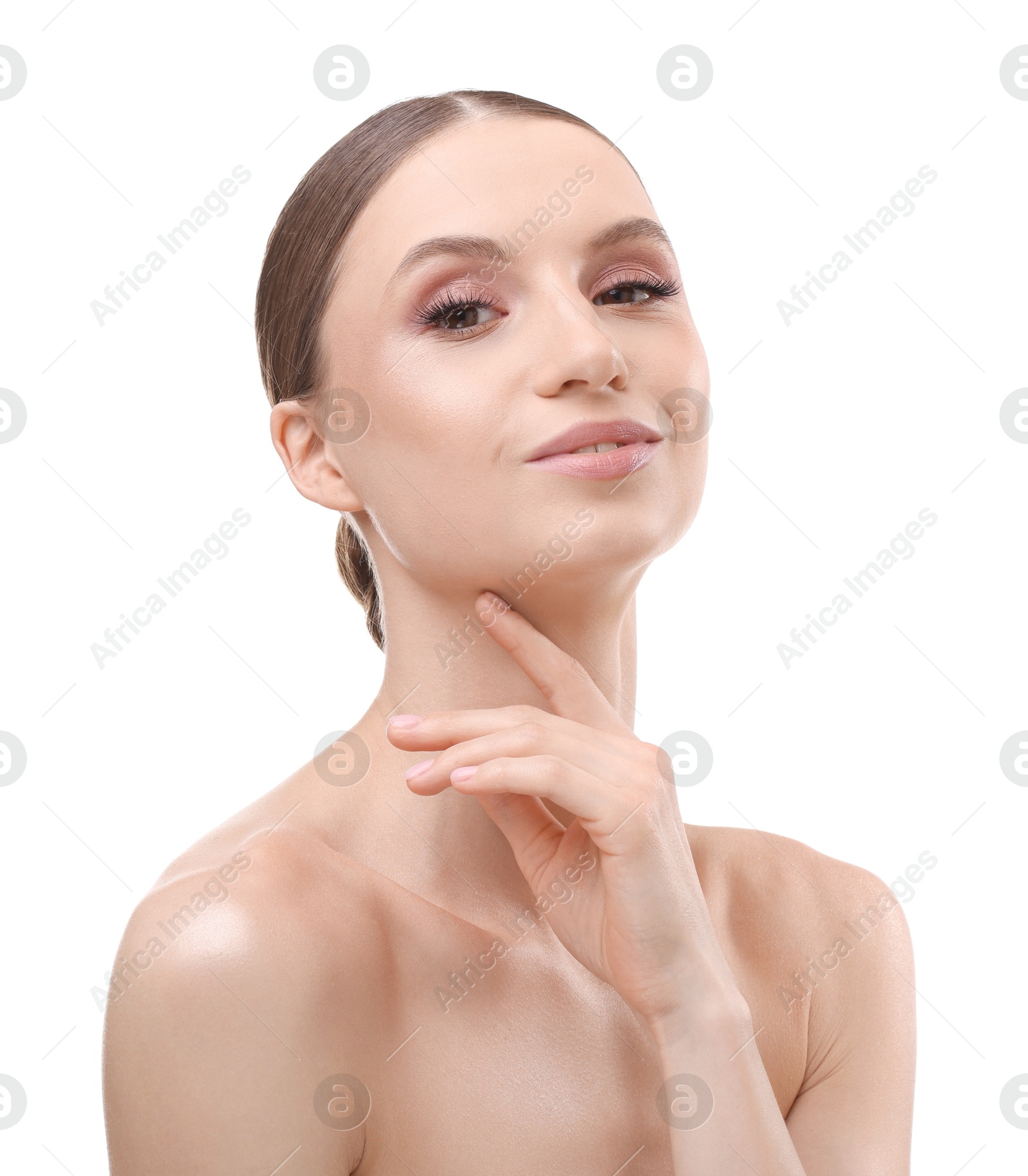 Portrait of beautiful young woman on white background Photo of Portrait of beautiful young woman on white background