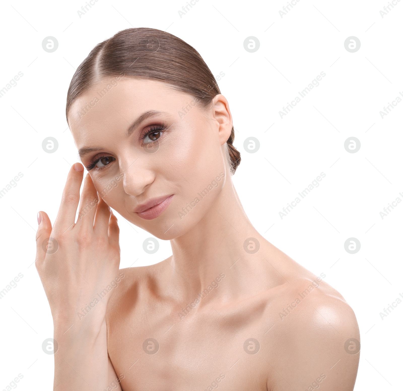 Portrait of beautiful young woman on white background Photo of Portrait of beautiful young woman on white background