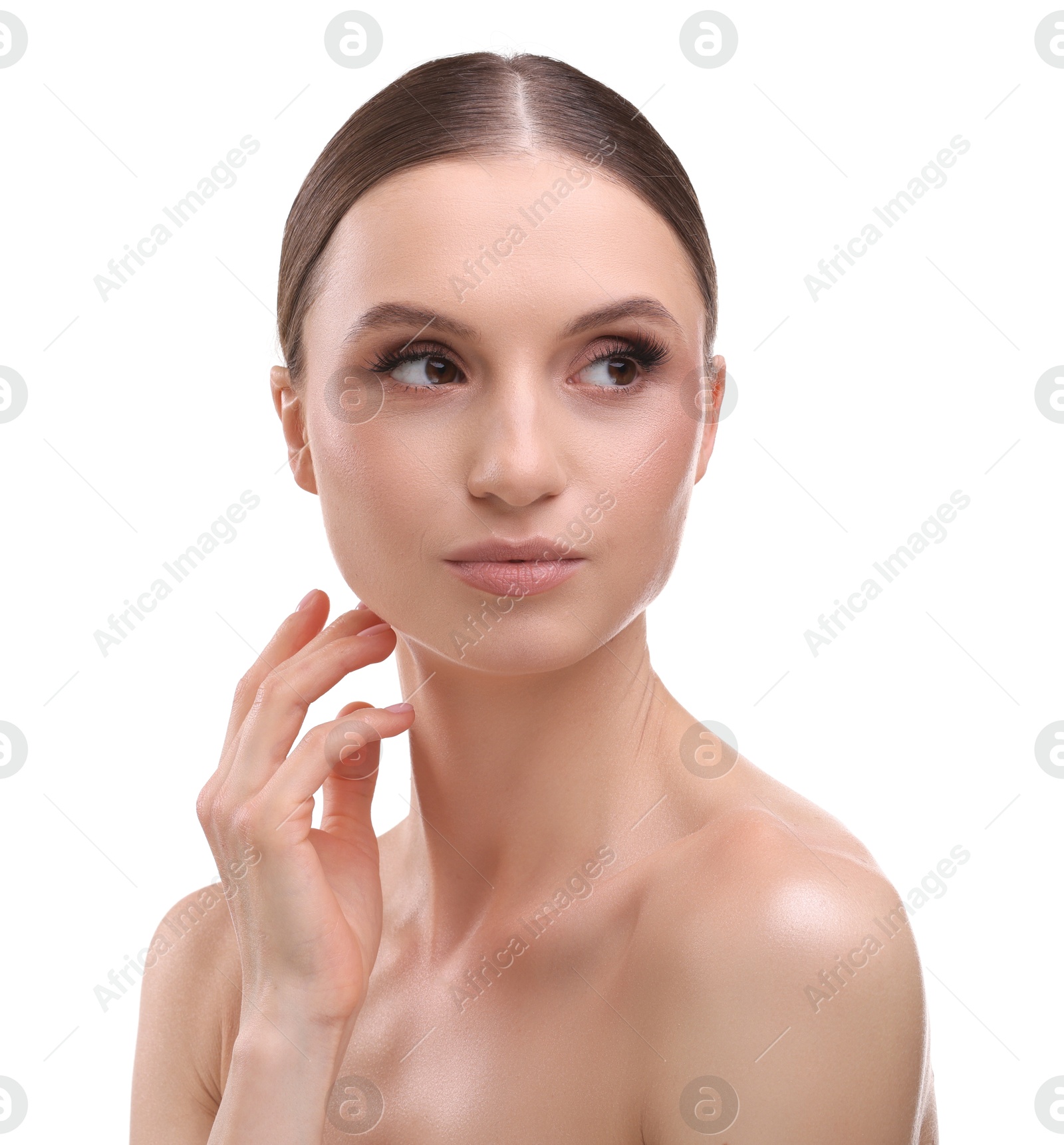 Portrait of beautiful young woman on white background Photo of Portrait of beautiful young woman on white background