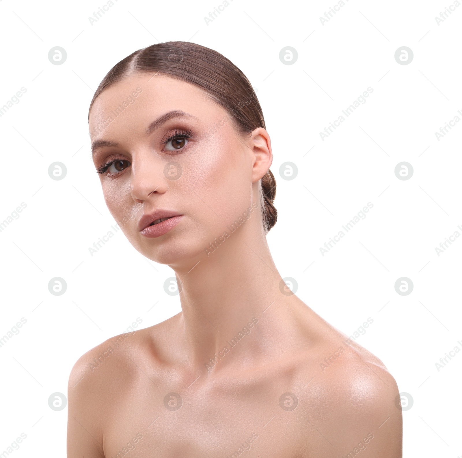 Portrait of beautiful young woman on white background Photo of Portrait of beautiful young woman on white background