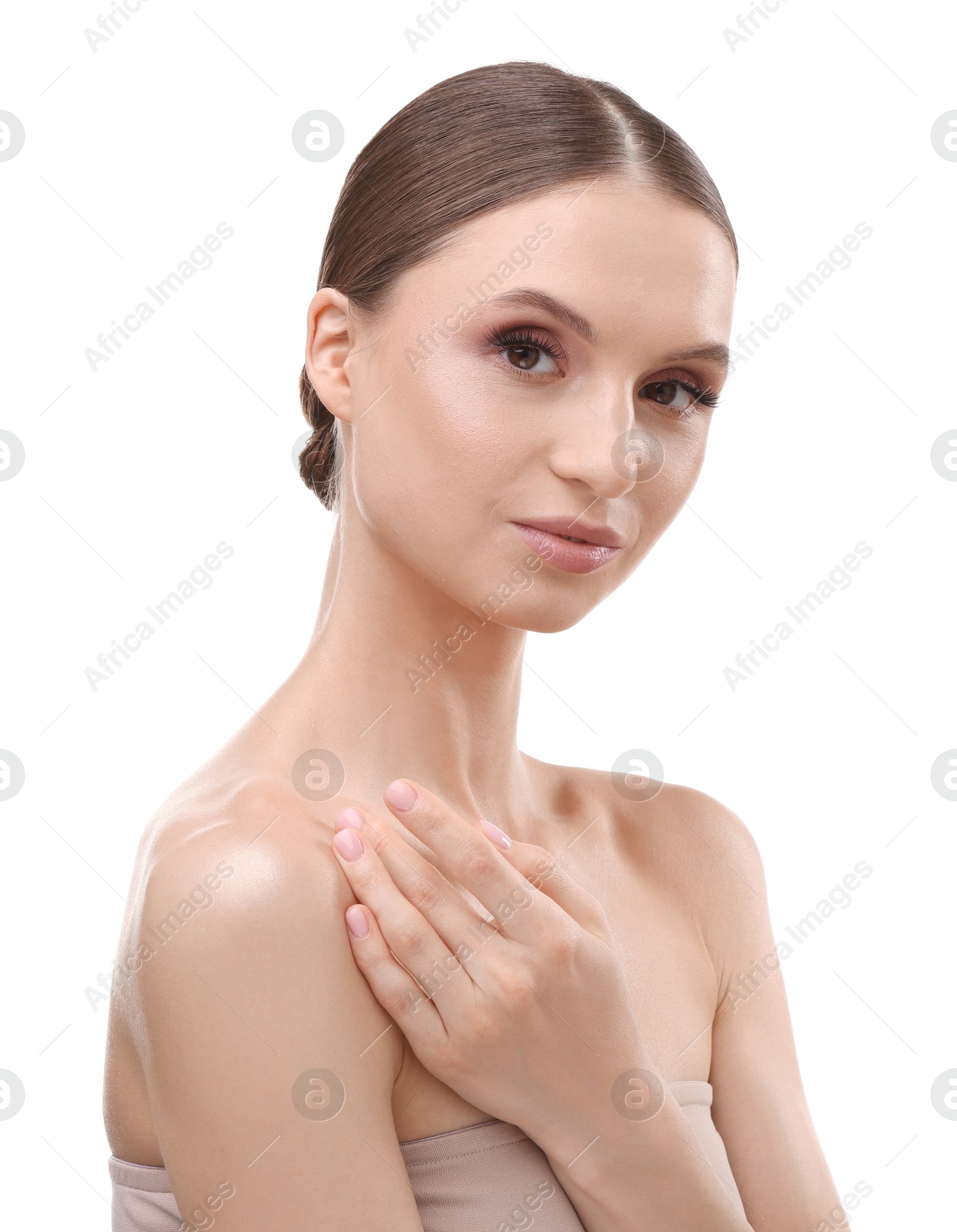 Portrait of beautiful young woman on white background Photo of Portrait of beautiful young woman on white background