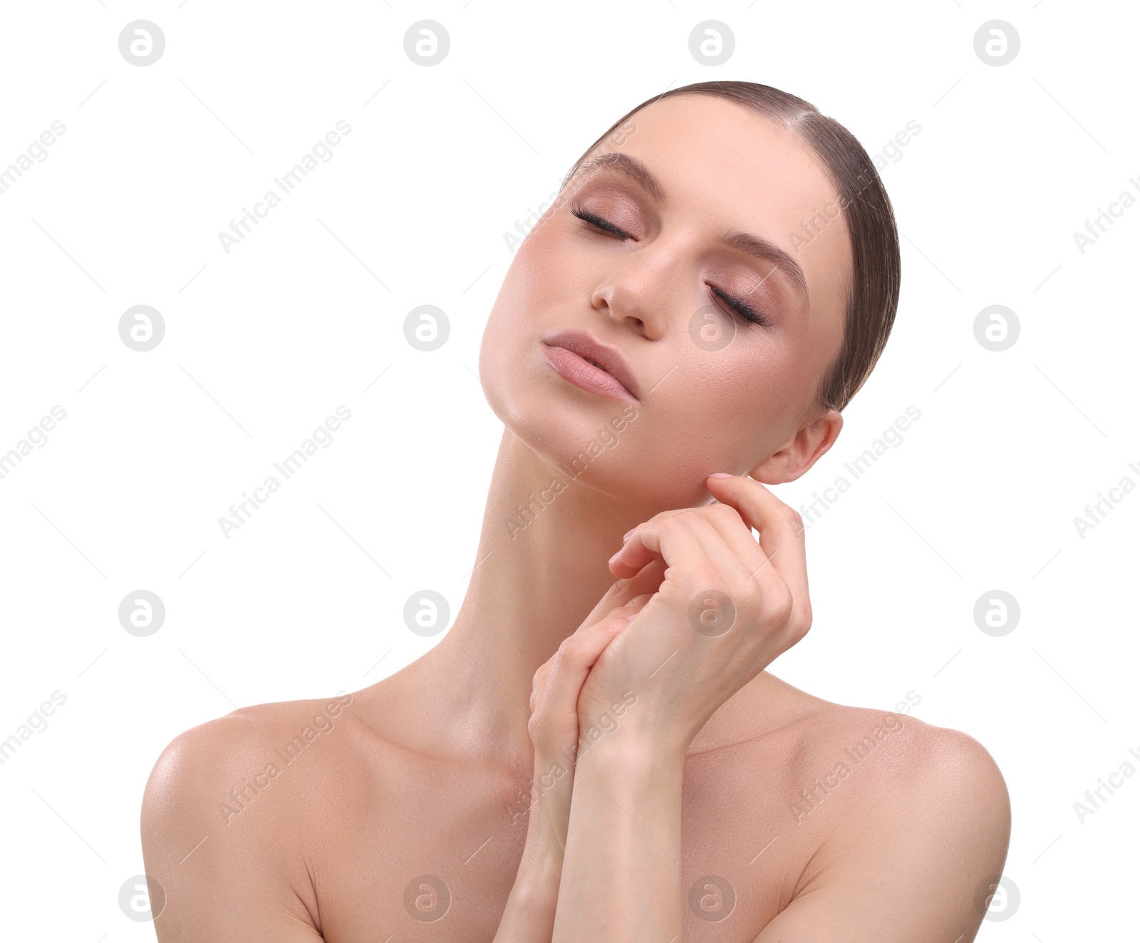 Portrait of beautiful young woman on white background Photo of Portrait of beautiful young woman on white background