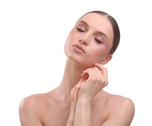 Photo of Portrait of beautiful young woman on white background