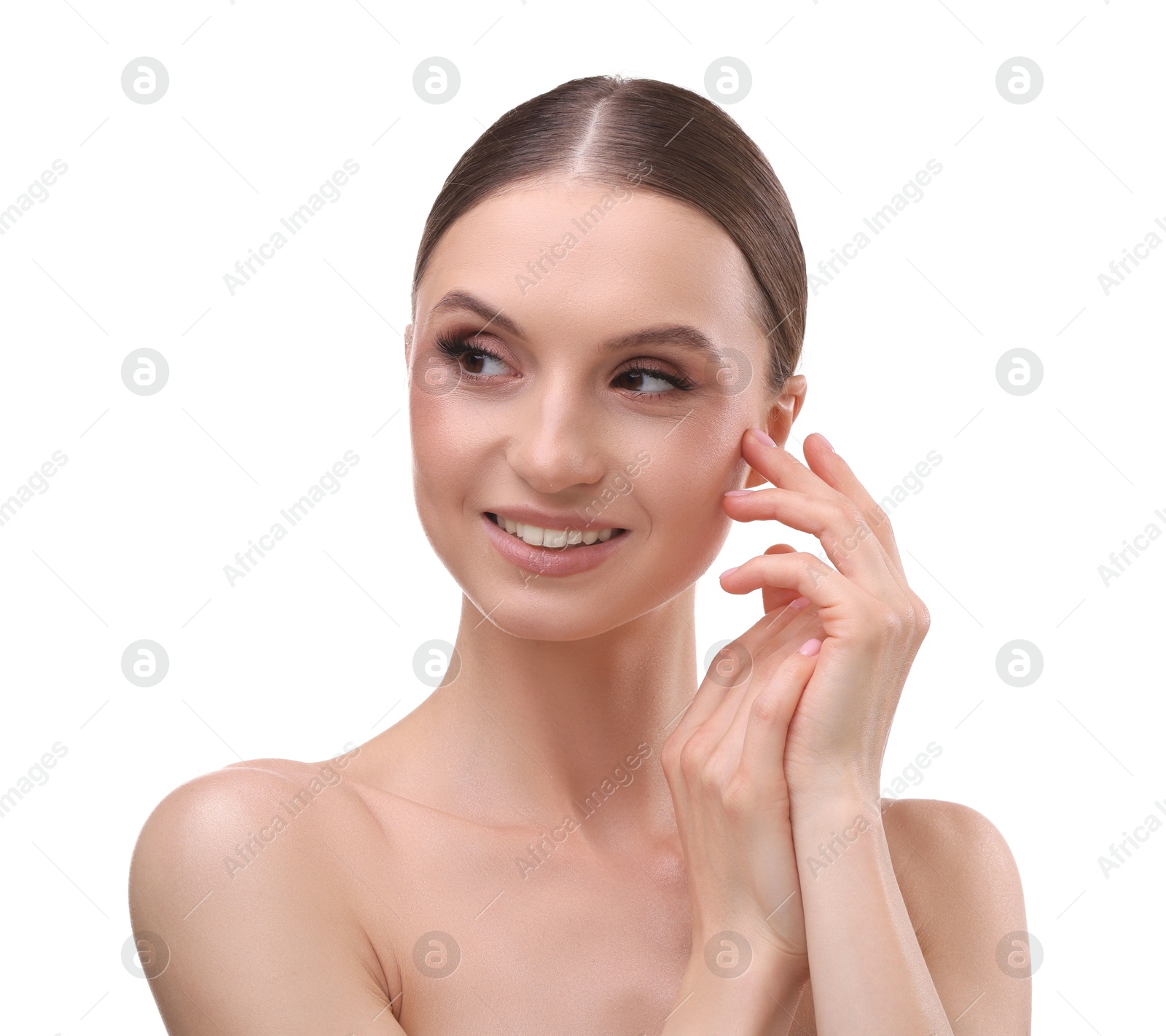 Portrait of beautiful young woman on white background Photo of Portrait of beautiful young woman on white background
