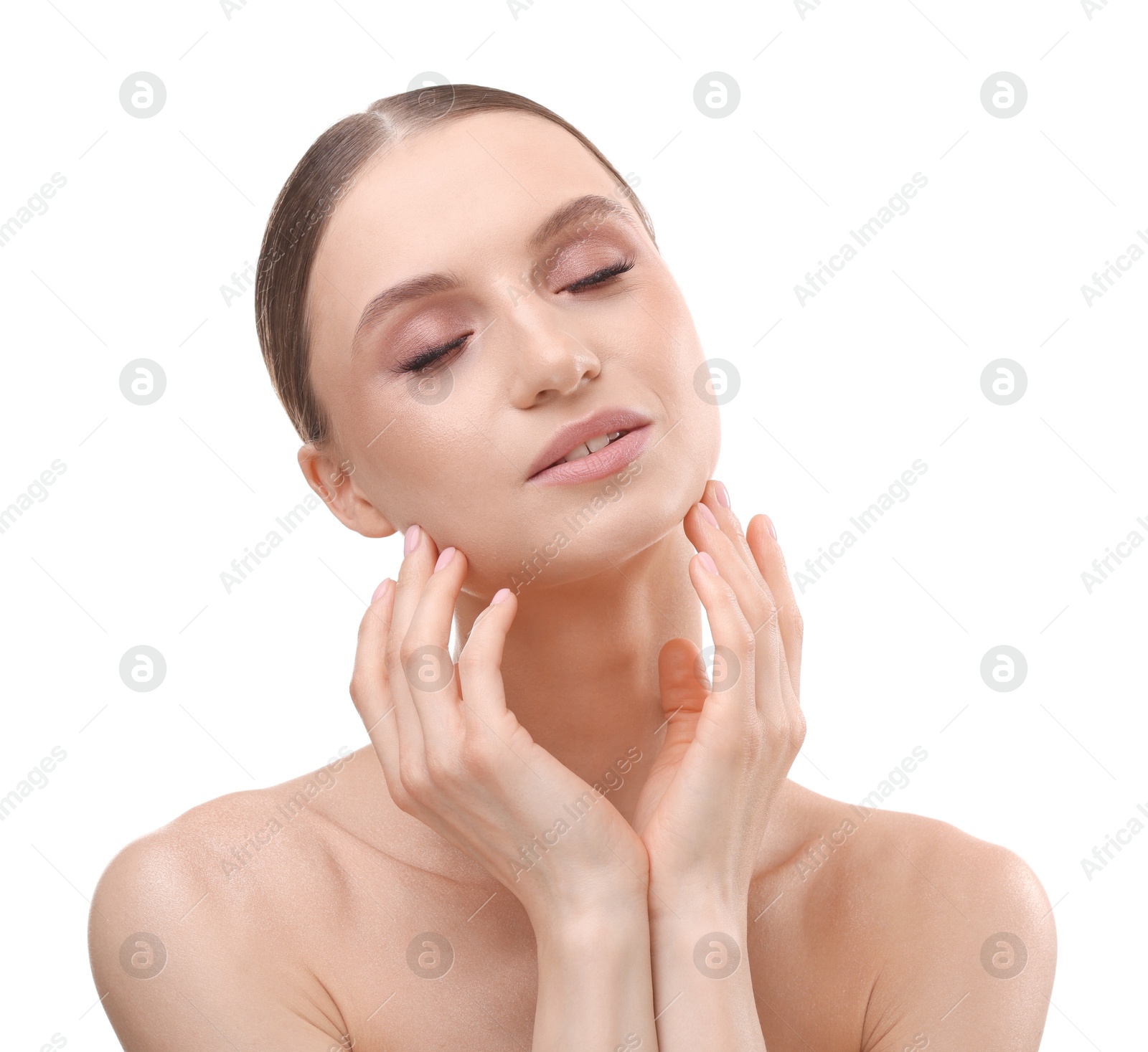 Portrait of beautiful young woman on white background Photo of Portrait of beautiful young woman on white background