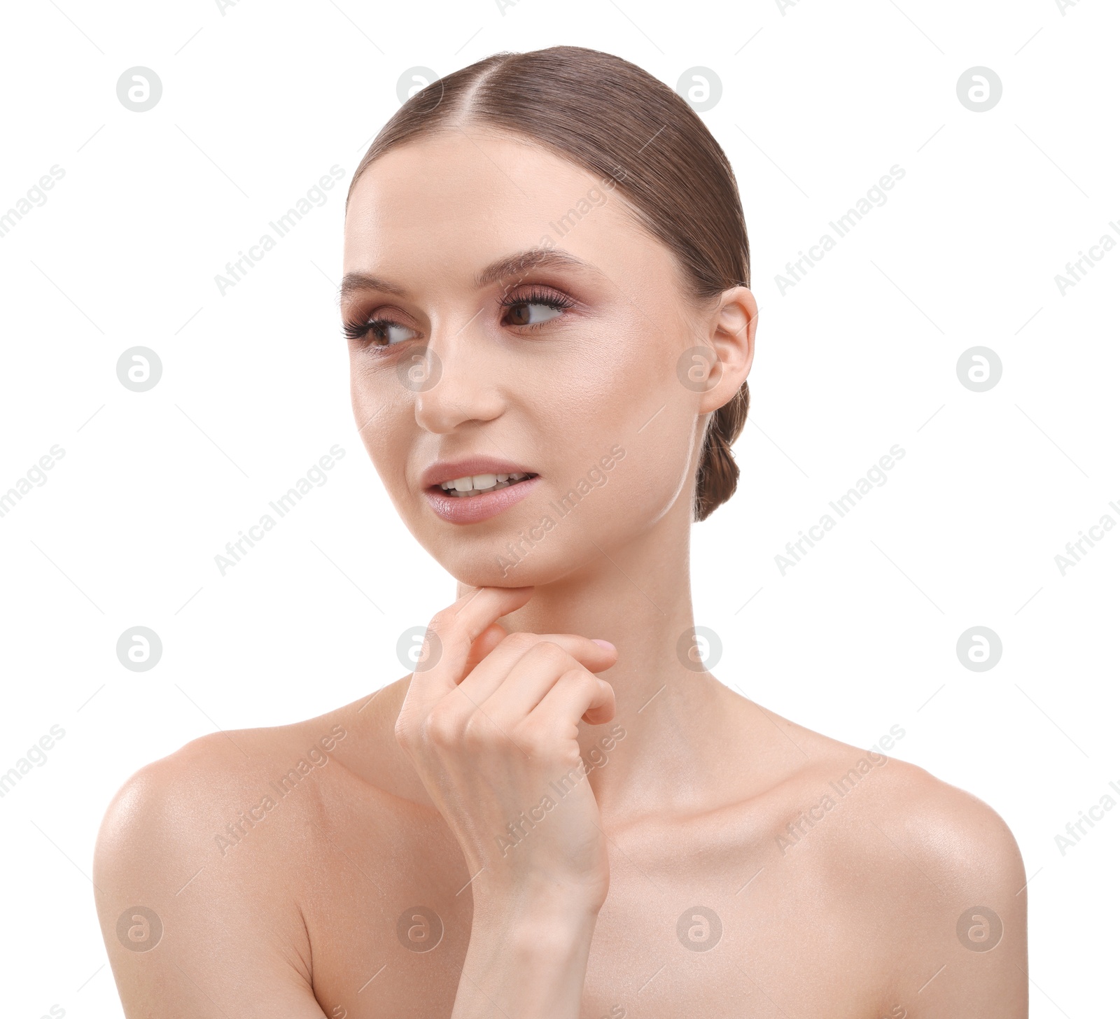 Portrait of beautiful young woman on white background Photo of Portrait of beautiful young woman on white background