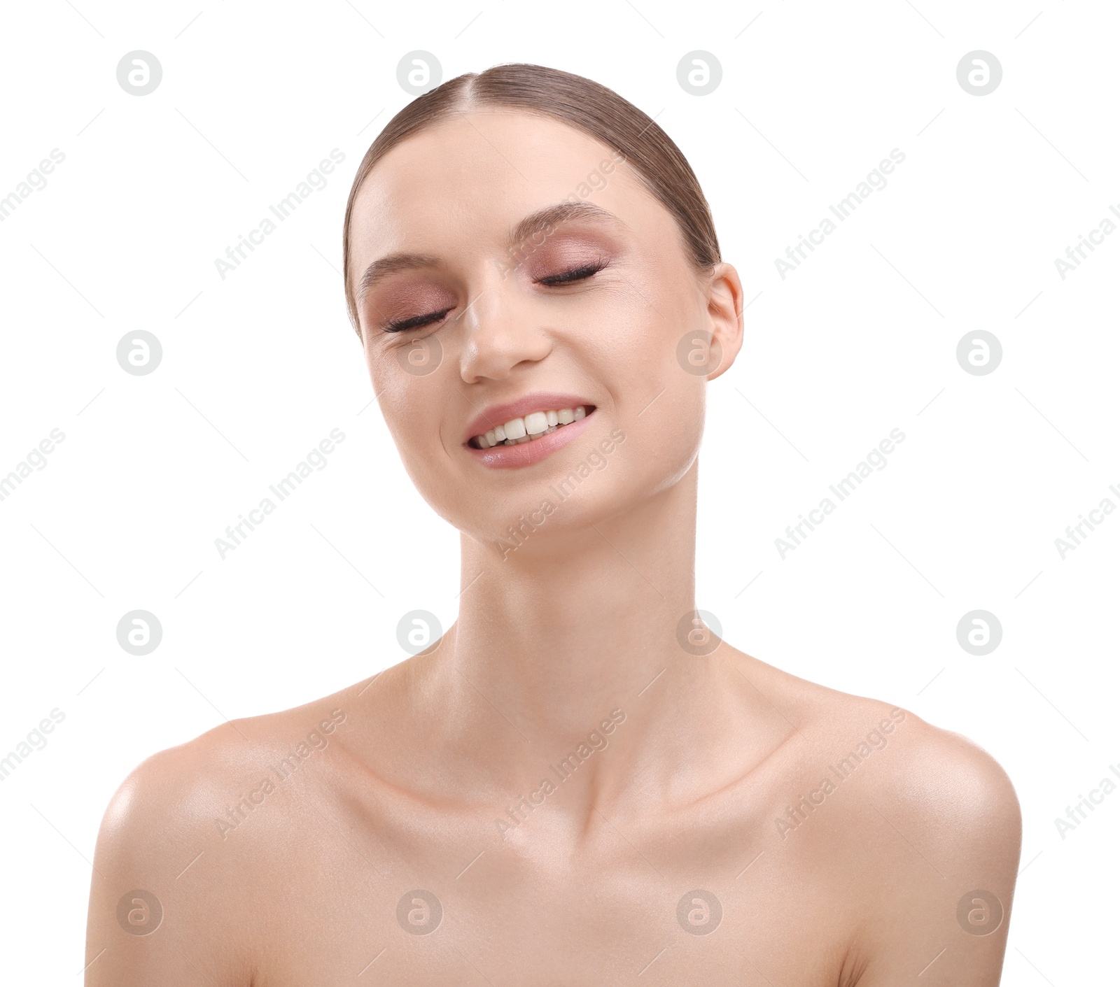 Portrait of beautiful young woman on white background Photo of Portrait of beautiful young woman on white background