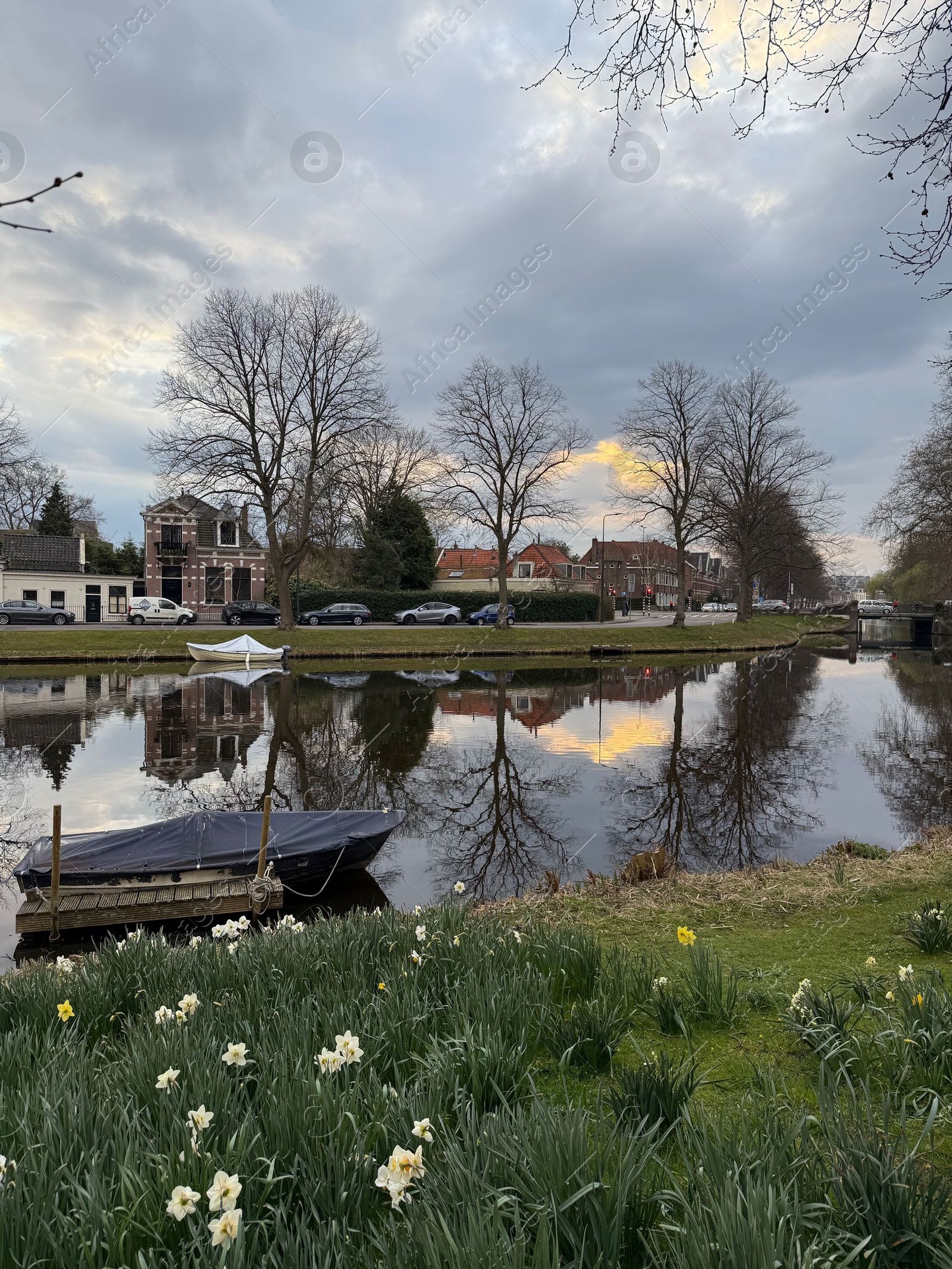 Leiden, Netherlands - March 22, 2025: Beautiful buildings and trees near city canal with moored boats on cloudy day Photo of Leiden, Netherlands - March 22, 2025: Beautiful buildings and trees near city canal with moored boats on cloudy day