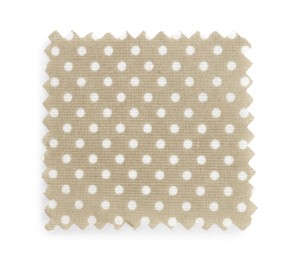Photo of Sample of beige fabric with polka dot isolated on white, top view