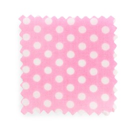 Photo of Sample of pink fabric with polka dot isolated on white, top view