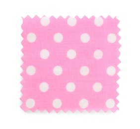 Photo of Sample of pink fabric with polka dot isolated on white, top view