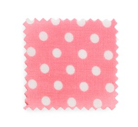 Photo of Sample of pink fabric with polka dot isolated on white, top view
