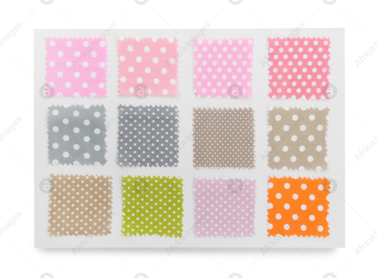 Samples of fabrics with polka dot pattern isolated on white, top view Photo of Samples of fabrics with polka dot pattern isolated on white, top view