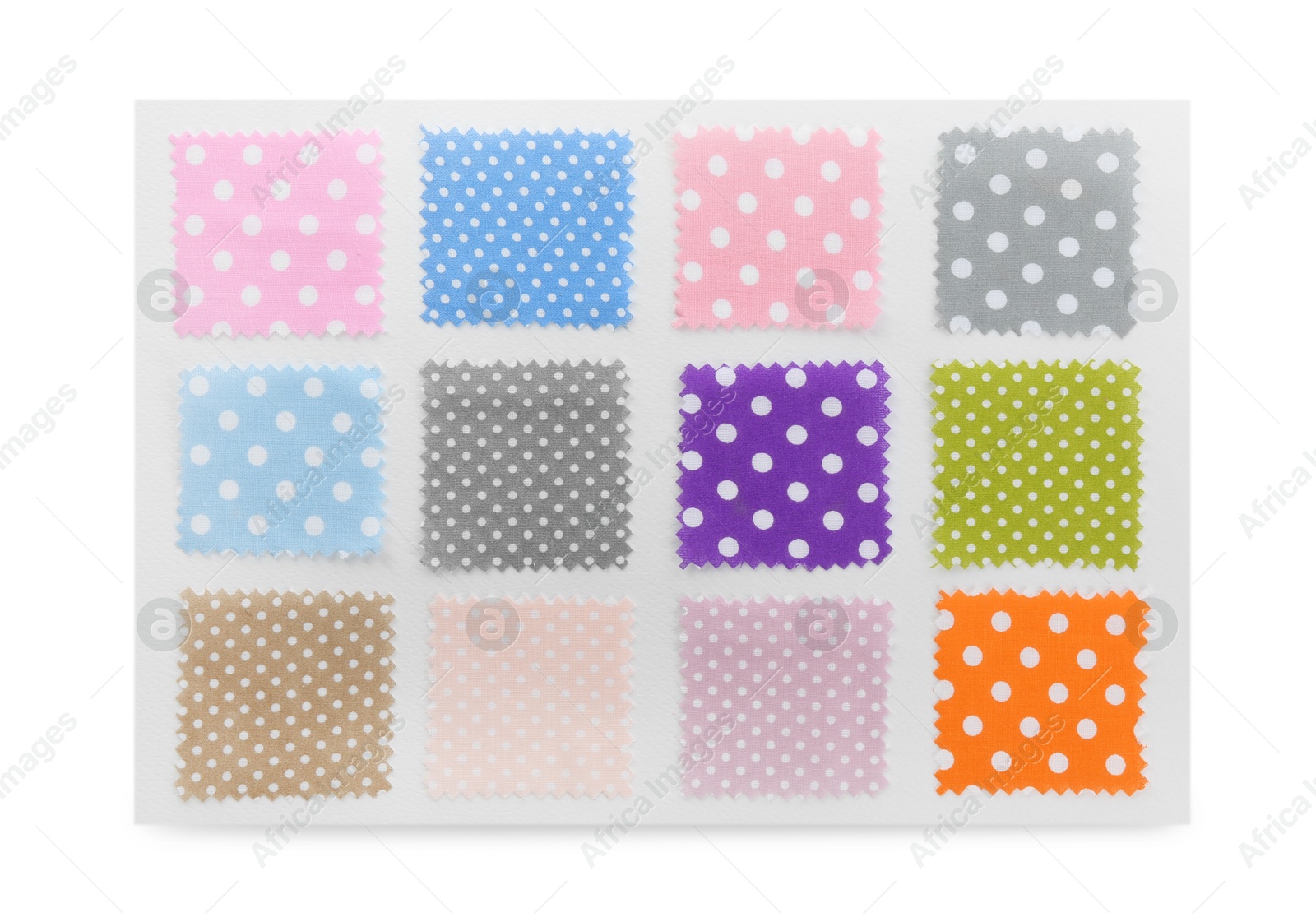 Samples of fabrics with polka dot pattern isolated on white, top view Photo of Samples of fabrics with polka dot pattern isolated on white, top view