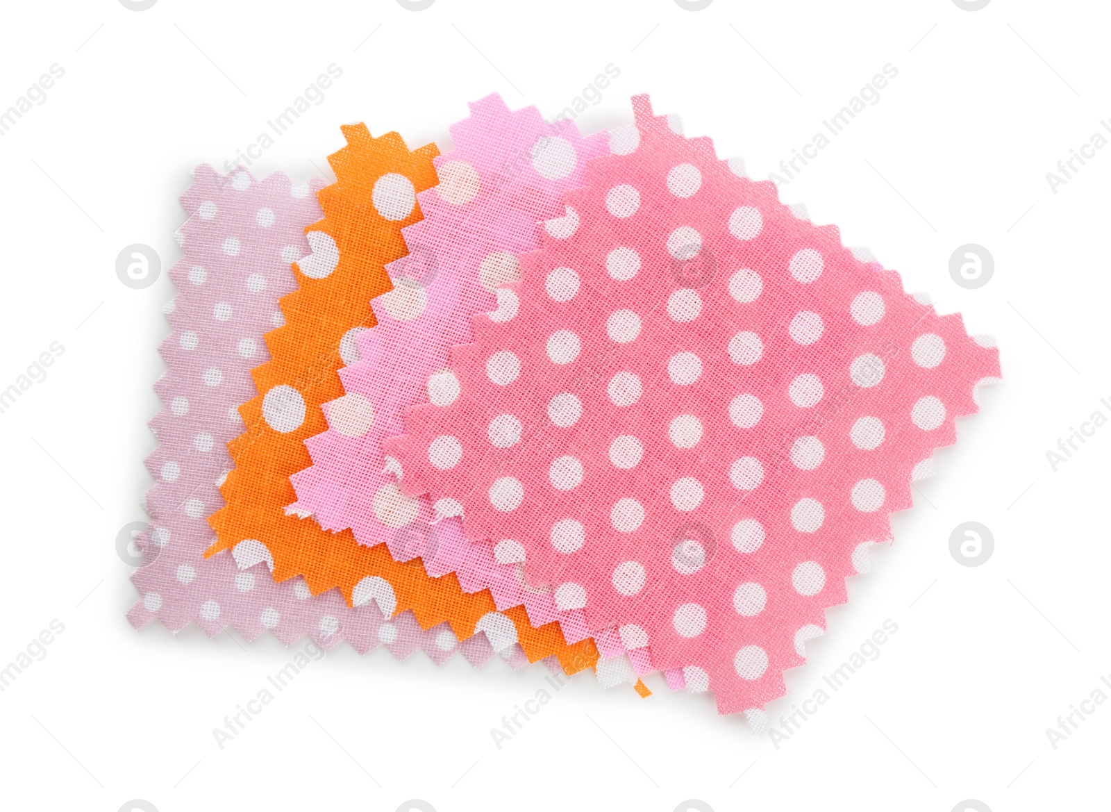 Samples of fabrics with polka dot pattern isolated on white, top view Photo of Samples of fabrics with polka dot pattern isolated on white, top view