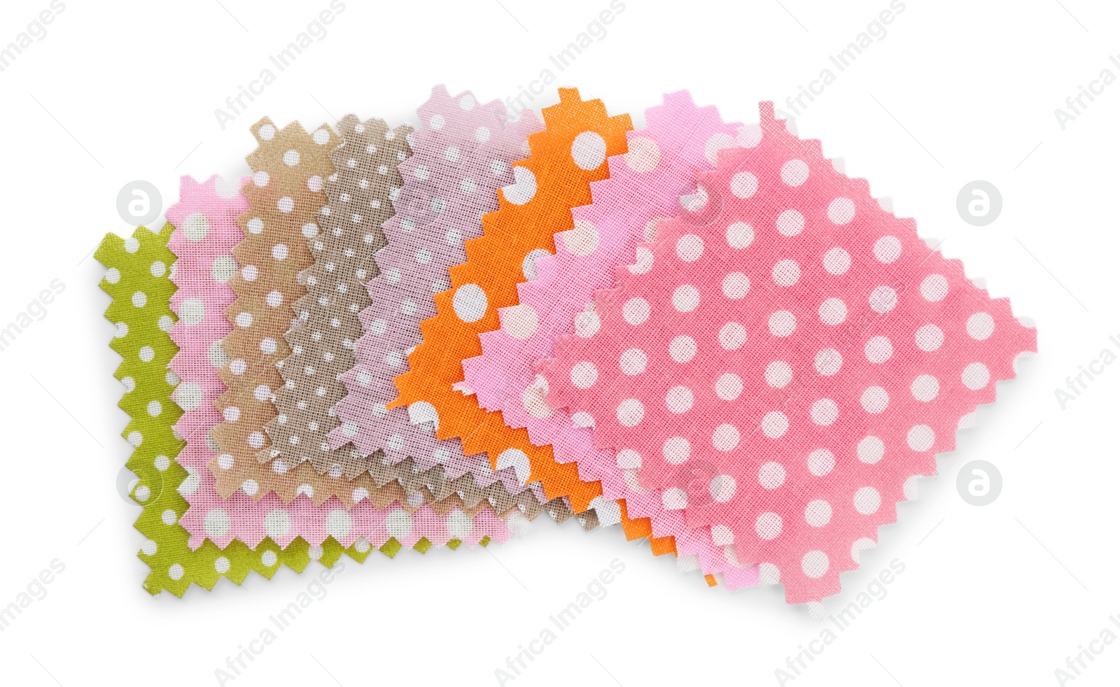 Samples of fabrics with polka dot pattern isolated on white, top view Photo of Samples of fabrics with polka dot pattern isolated on white, top view