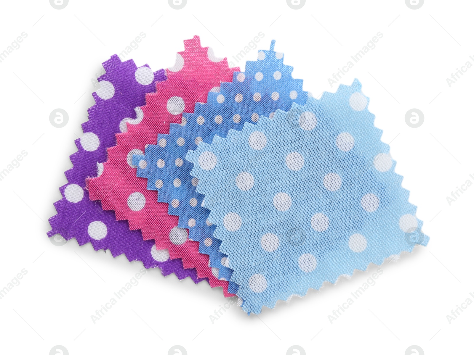 Samples of fabrics with polka dot pattern isolated on white, top view Photo of Samples of fabrics with polka dot pattern isolated on white, top view