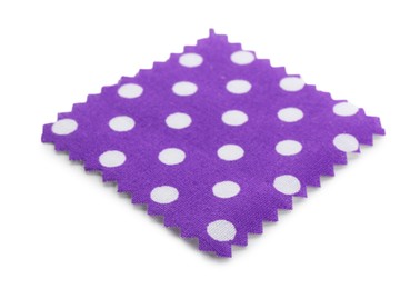 Photo of Sample of violet fabric with polka dot isolated on white