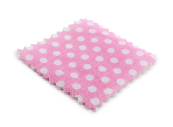 Photo of Sample of pink fabric with polka dot isolated on white