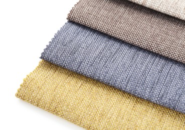 Photo of Samples of different fabrics isolated on white