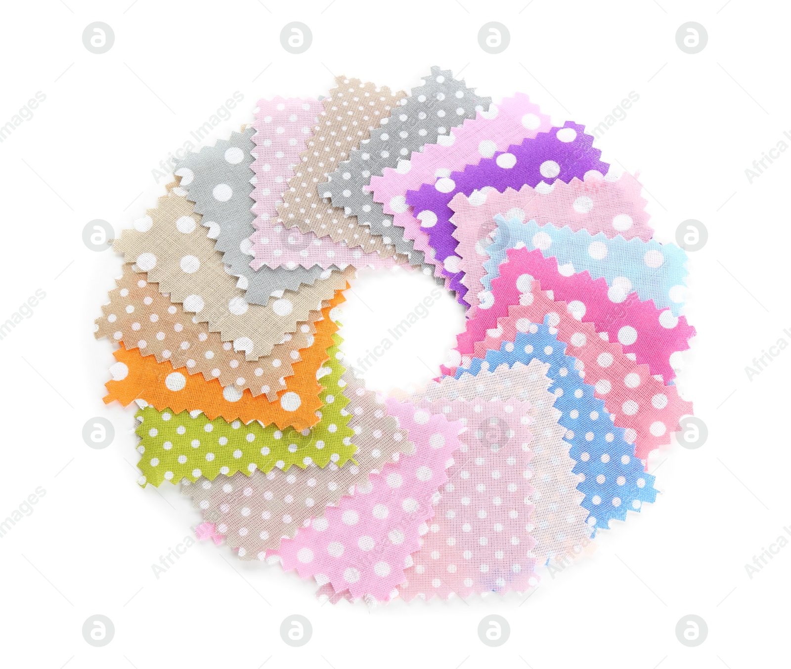 Samples of fabrics with polka dot pattern isolated on white, top view Photo of Samples of fabrics with polka dot pattern isolated on white, top view