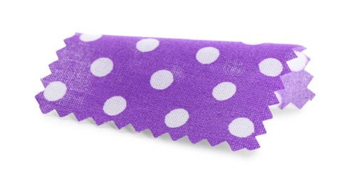 Photo of Sample of violet fabric with polka dot isolated on white