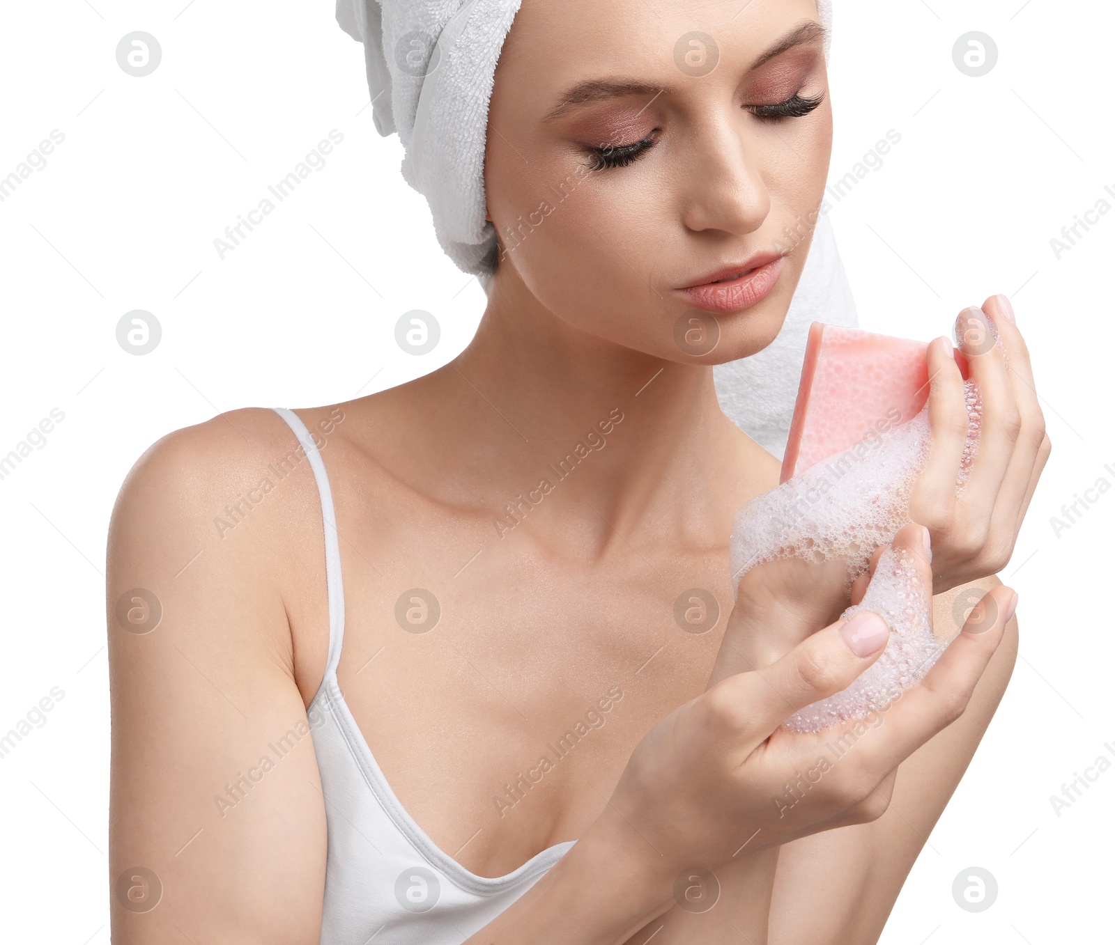 Beautiful woman with soap bar on white background Photo of Beautiful woman with soap bar on white background