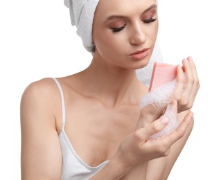 Photo of Beautiful woman with soap bar on white background