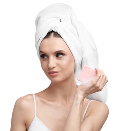 Photo of Beautiful woman with soap bar on white background