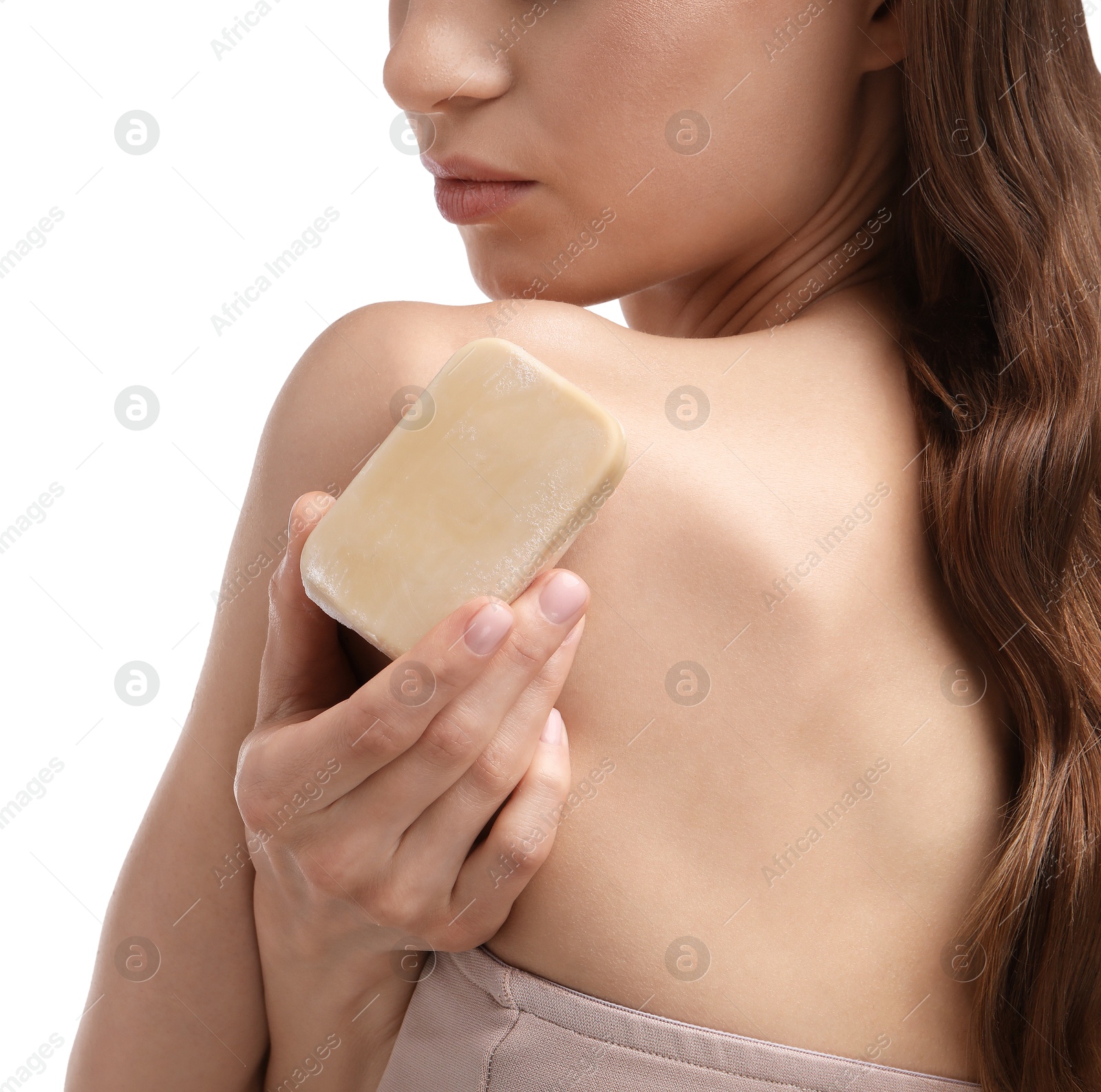 Woman with soap bar on white background, closeup Photo of Woman with soap bar on white background, closeup