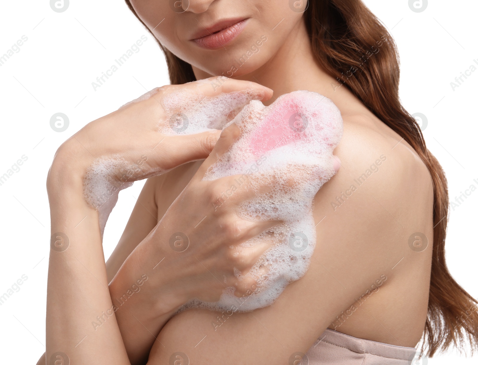 Woman with foaming soap bar on white background, closeup Photo of Woman with foaming soap bar on white background, closeup
