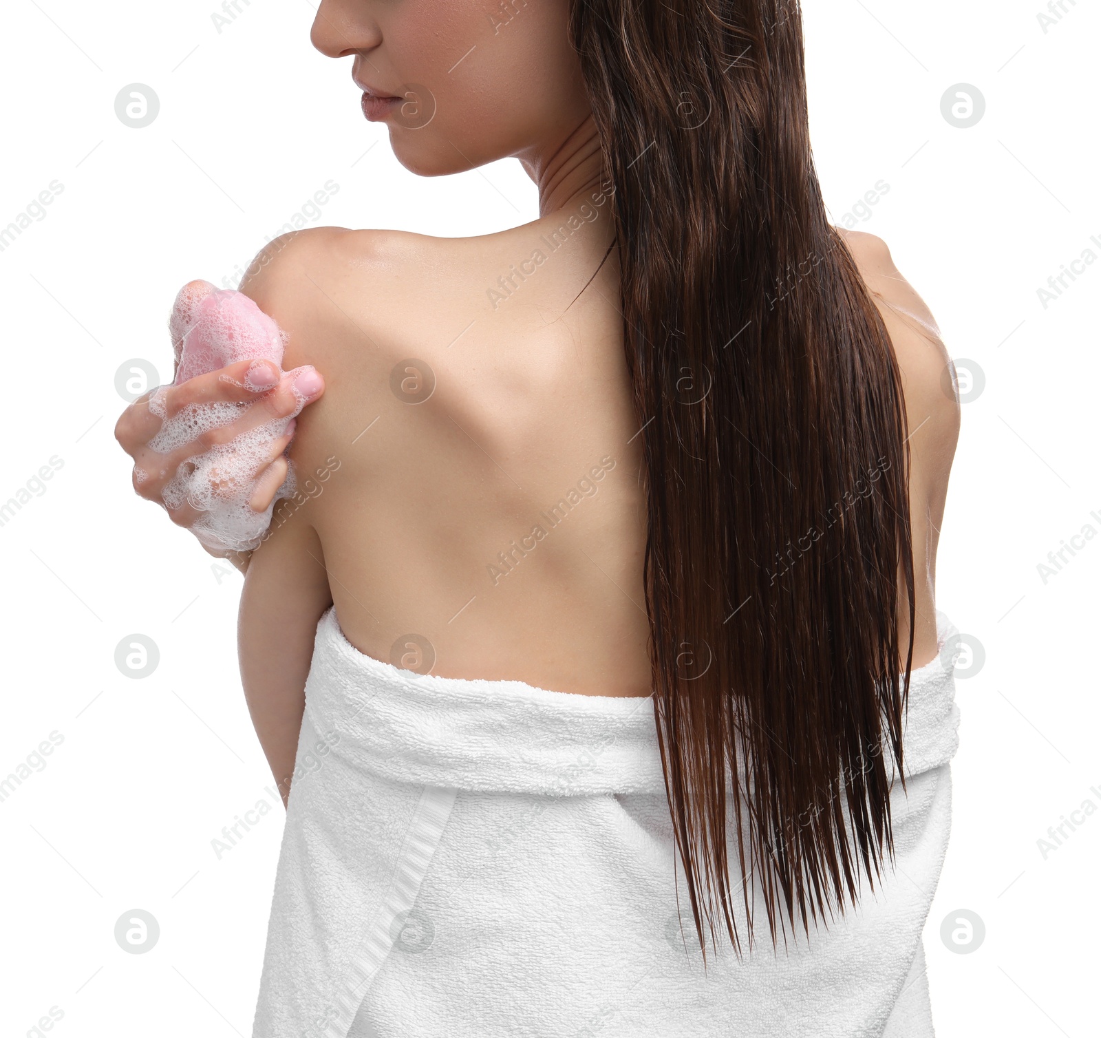 Woman washing body with soap bar on white background, closeup Photo of Woman washing body with soap bar on white background, closeup