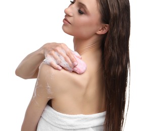 Photo of Beautiful woman washing body with soap bar on white background