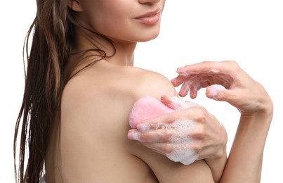 Photo of Woman washing body with soap bar on white background, closeup