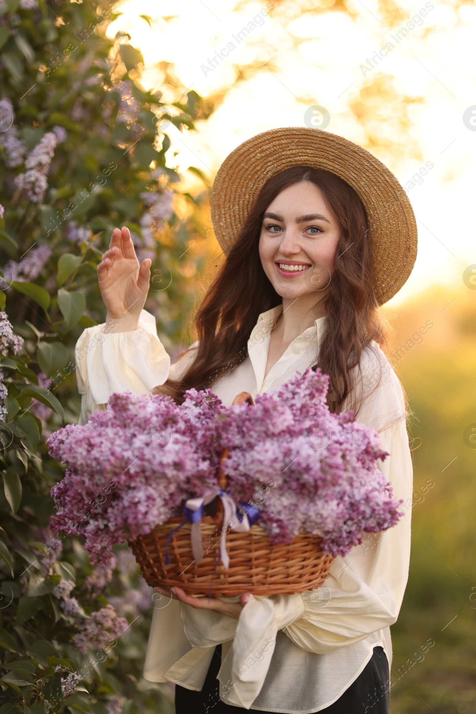Smiling woman with basket of lilac flowers outdoors in morning Photo of Smiling woman with basket of lilac flowers outdoors in morning